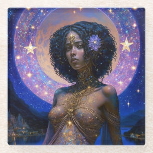 African American Black Goddess Queen Fantasy Art Glass Coaster