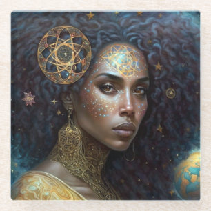 African American Black Goddess Queen Fantasy Art Glass Coaster