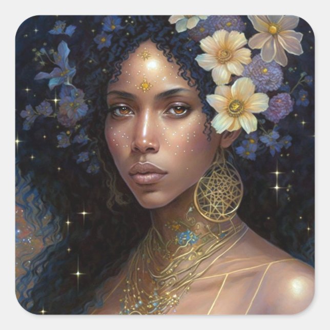 African American Black Goddess Queen Fantasy Art S Square Sticker (Front)