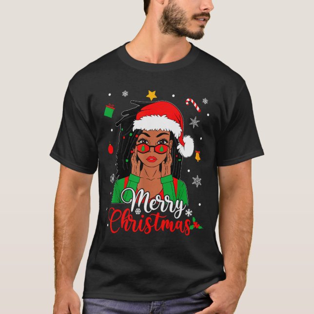 African American Black Woman Loc'd Girl Merry Chri T-Shirt (Front)