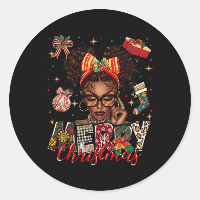 African American Black Woman Merry Christmas Pajam Classic Round Sticker (Front)