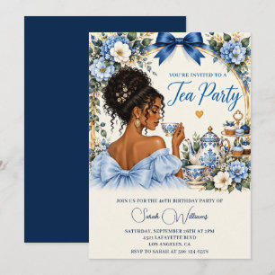 African American Blue 40th Birthday Tea Party Invitation