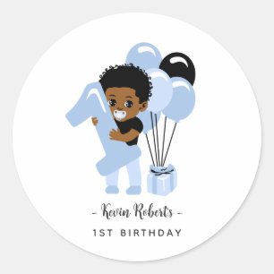 African American Blue Baby Boy 1st Birthday   Classic Round Sticker