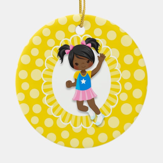 African American Bounce House Jumping Girl Ceramic Ornament (Front)