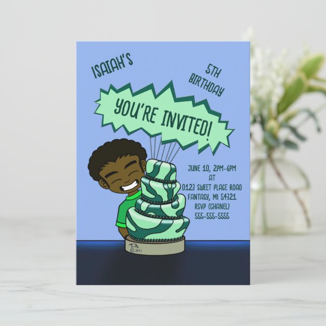 African American Boy and Cake Birthday Invitation (Standing Front)