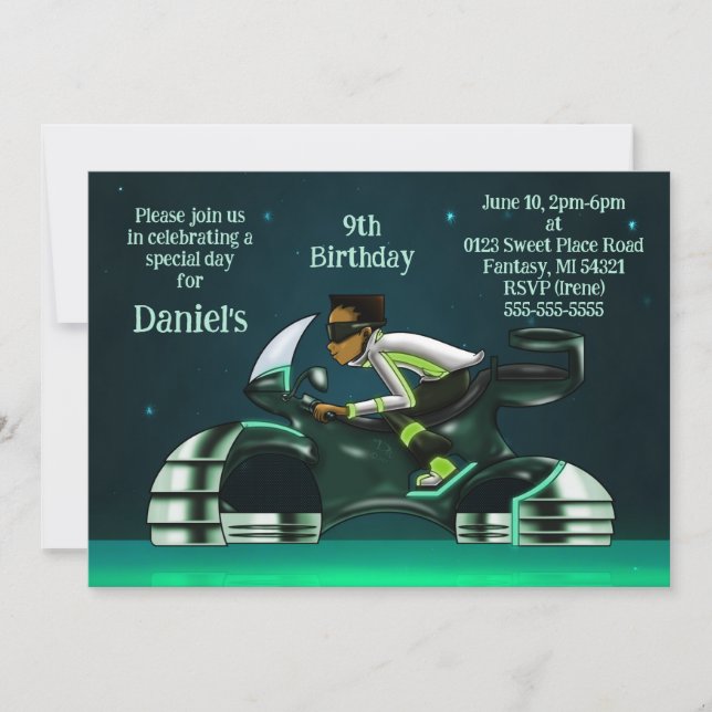 African American Boy and Motorcycle Birthday Invitation (Front)