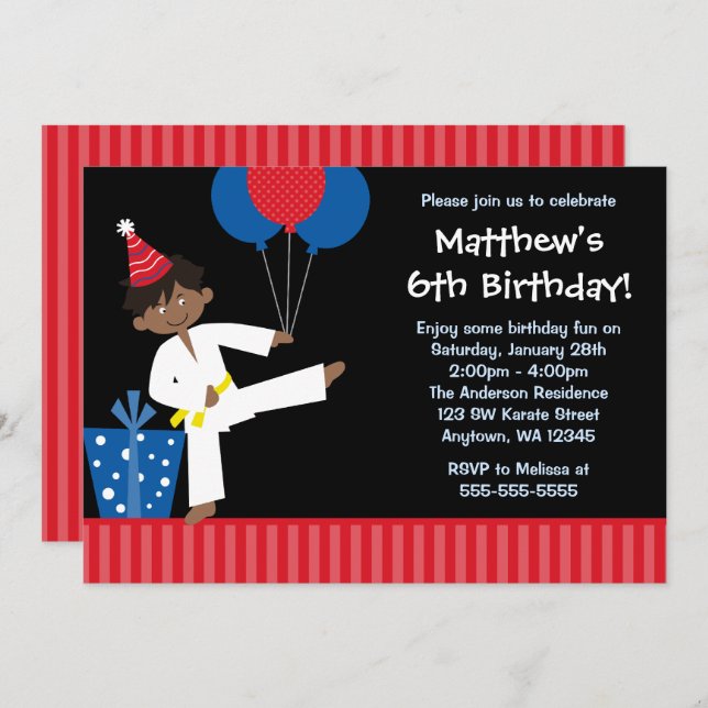 African American Boy Balloons Taekwondo Birthday Invitation (Front/Back)