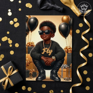 African American Boy Black and Gold Birthday Card