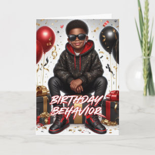 African American Boy Black/Red Birthday Behaviour Card