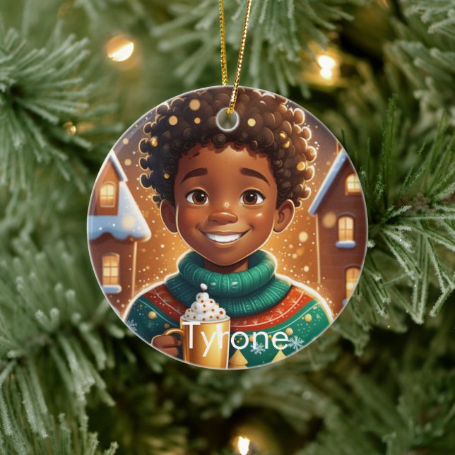African AMerican Boy Christmas Joyful Ceramic Ornament (Tree)