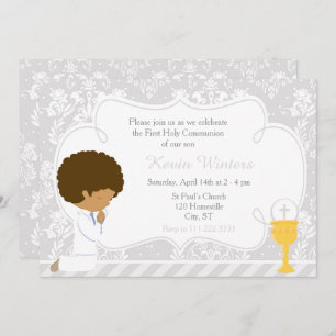 African American Boy First Communion Damask Invitation