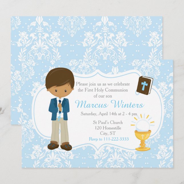 African American Boy First Communion Damask Invitation (Front/Back)