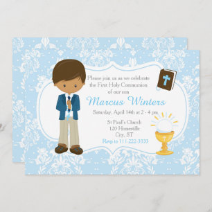 African American Boy First Communion Damask Invitation