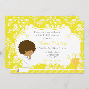 African American Boy First Communion Damask Invitation