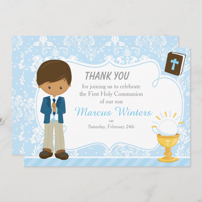African American Boy First Communion Damask Thank You Card (Front/Back)