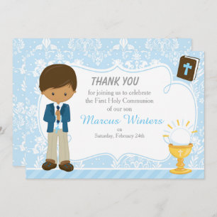 African American Boy First Communion Damask Thank You Card