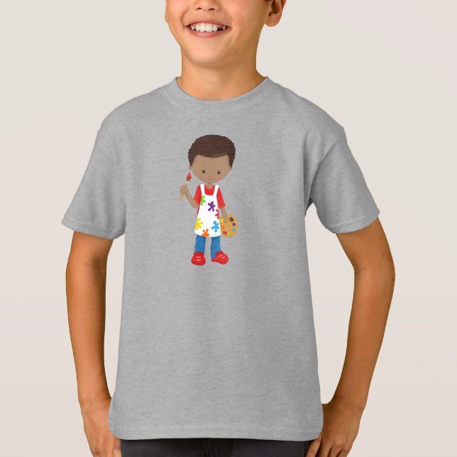 African American Boy, Painter, Paint Artist, Brush T-Shirt (Front)