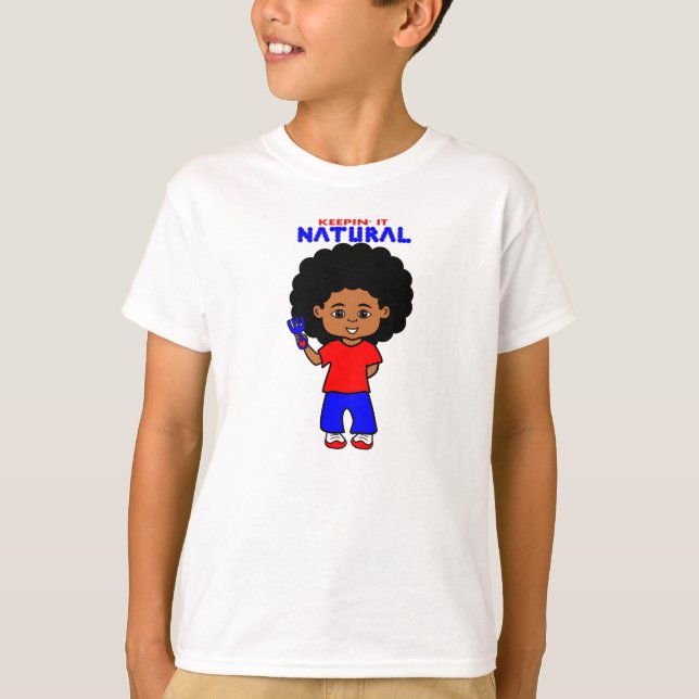 African American Boy with Big Afro Cartoon T-Shirt (Front)