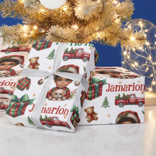 African American Boy with puppy Plaid Christmas  Wrapping Paper