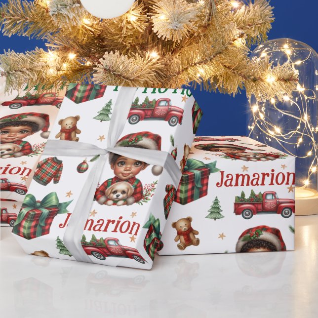 African American Boy with puppy Plaid Christmas  Wrapping Paper (Holidays)