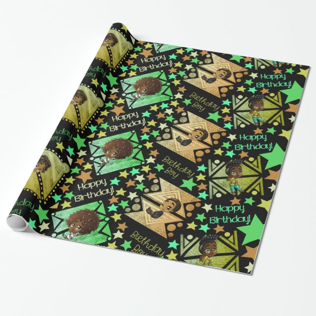 African American Boys Anime Cute Wrapping Paper (Unrolled)