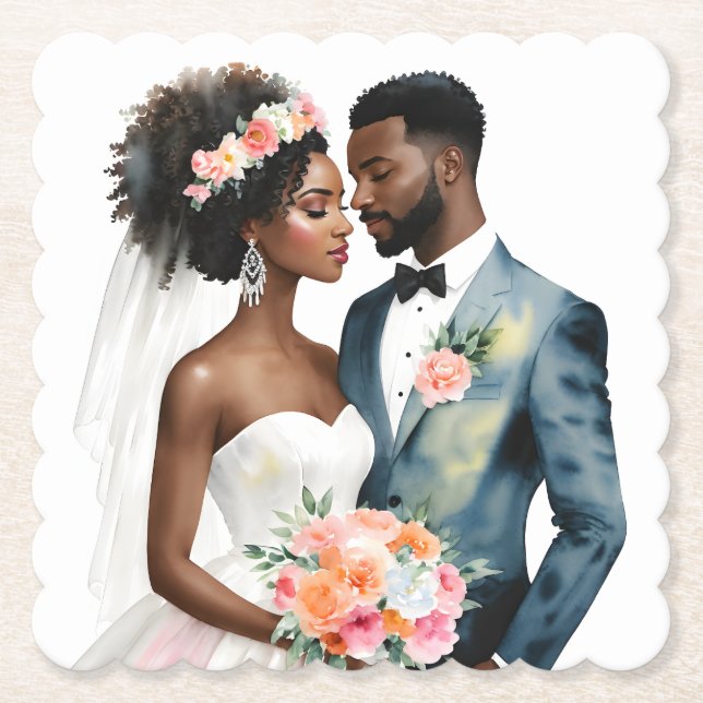 African American Bridal Couple Wedding Paper Coaster (Front)