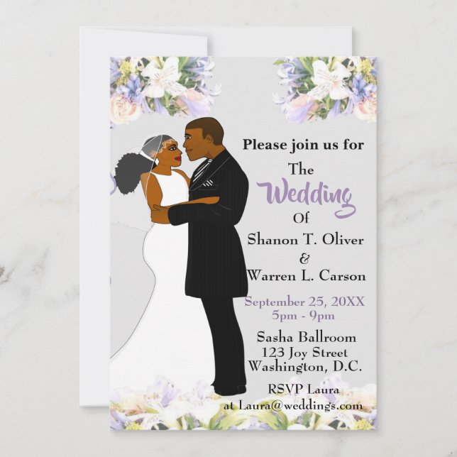 African American Bride & Groom Floral Wedding Invi Invitation (Front)