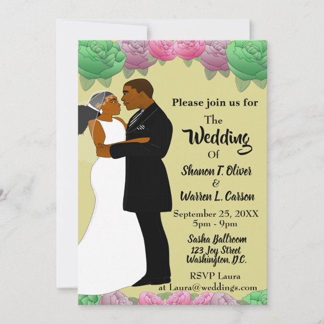 African American Bride & Groom Floral Wedding Invitation (Front)