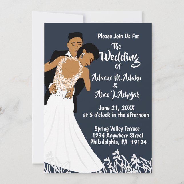 African American Bride & Groom Navy Blue Wedding Invitation (Front)