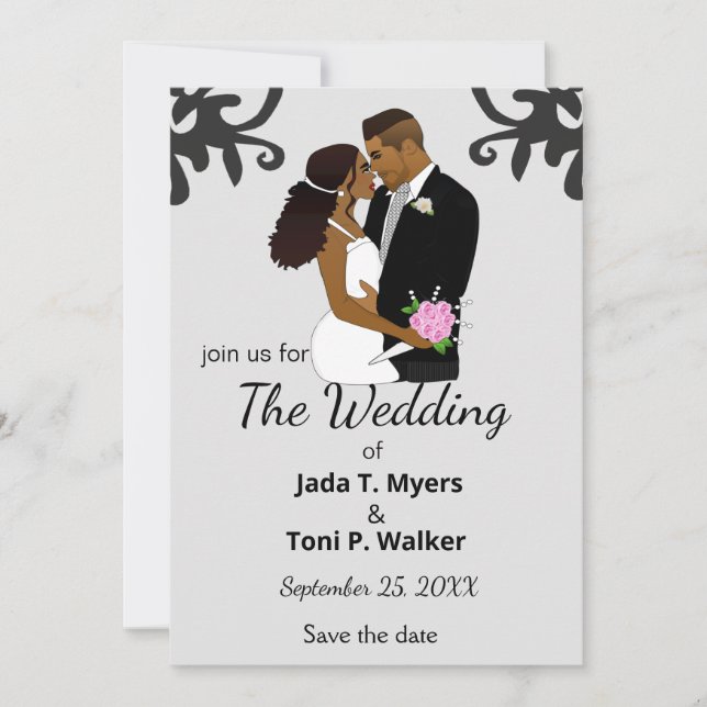 African American Bride & Groom Silver Wedding Invi Invitation (Front)