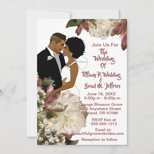 African American Bride & Groom White Wedding  Invitation (Front)