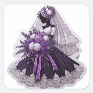 African American Bride Purple Flowers Square Sticker