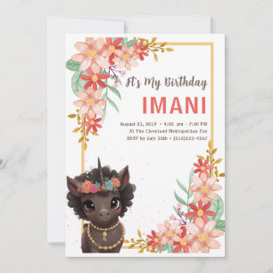 African American Brown Unicorn Kids Birthday Invit Invitation