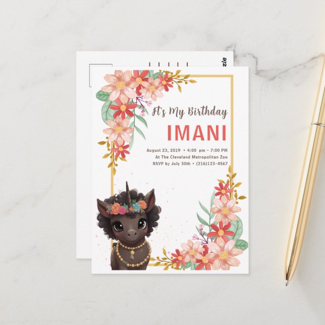 African American Brown Unicorn Kids Birthday Invit Postcard (Front/Back In Situ)