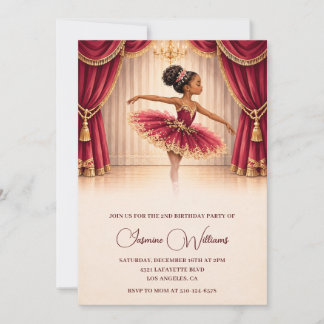 African American Burgundy Ballerina 2nd Birthday Invitation