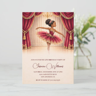 African American Burgundy Ballerina 4th Birthday Invitation
