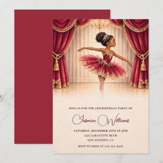 African American Burgundy Ballerina 5th Birthday Invitation