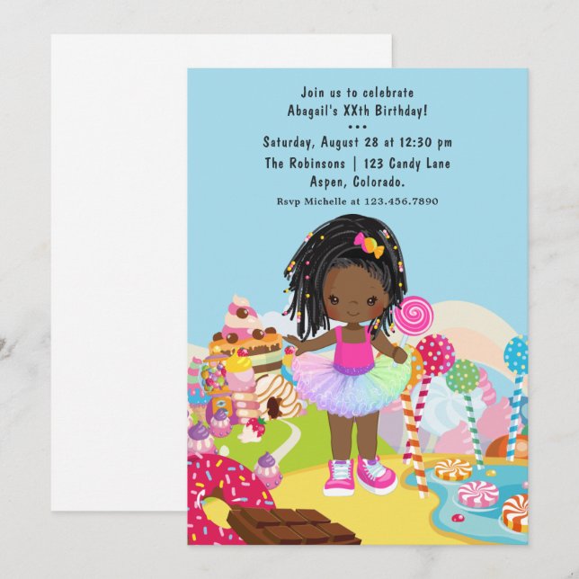 African American Candy Land Girl Birthday Party In Invitation (Front/Back)