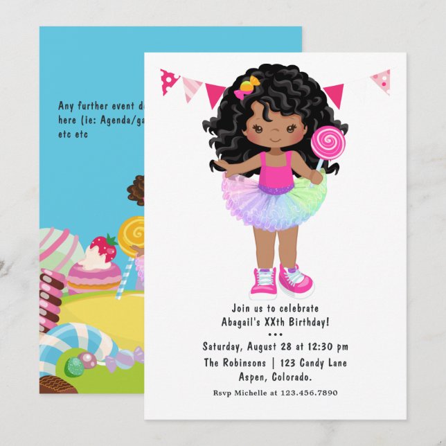 African American Candy Land Girl Birthday Party Invitation (Front/Back)