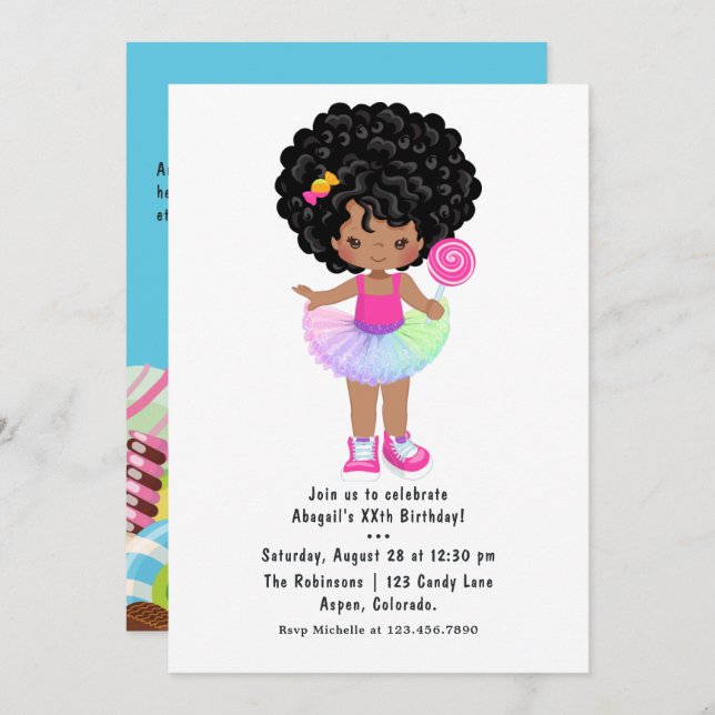 African American Candy Land Girl Birthday Party Invitation (Front/Back)