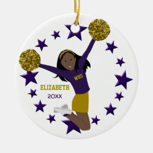 African American Cheerleader Purple & Gold Ceramic Ornament