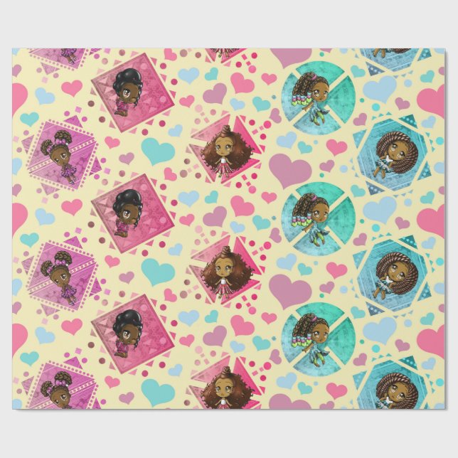 African American Chibi Girls and Hearts Wrapping Paper (Flat)