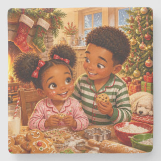 African American Children Baking Christmas Cookies Stone Coaster