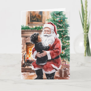 African American Christmas Card with Child & Santa
