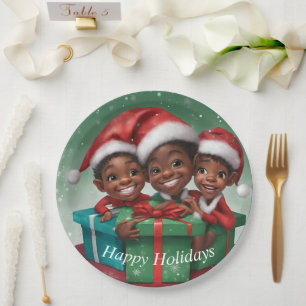 African American Christmas Elfs Paper Plate