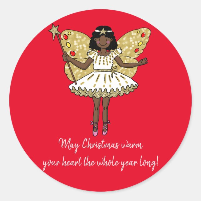 African American Christmas Fairy Classic Round Sticker (Front)