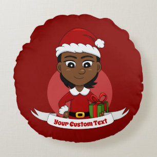African American Christmas girl with short hair Round Cushion