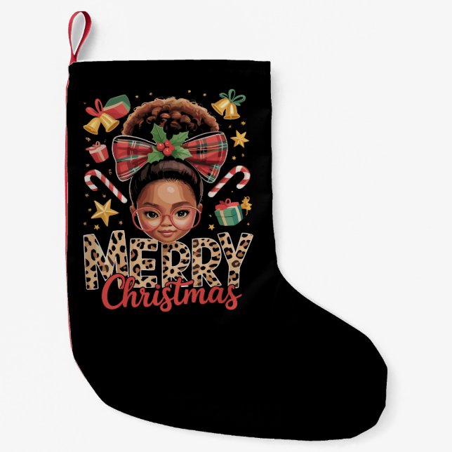 African American Christmas Messy Bun Black Mum  Small Christmas Stocking (Front)
