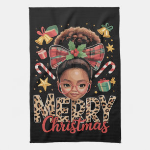 African American Christmas Messy Bun Black Mum  Tea Towel