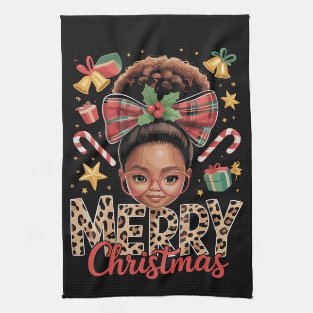 African American Christmas Messy Bun Black Mum  Tea Towel (Vertical)